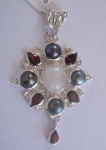 Colgante de Plata de Ley 925 Hecho a Mano con Gemas Shah, Piedra Lunar Arcoíris Natural con Engaste Multibiselado, Incrustaciones de Oro Rosa para Mujer, Patrón Único - Product Image 1