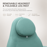 Table de beauté électrique avec base bleu sarcelle et noir mat, trou pour le visage, dossier inclinable à trois moteurs, repose-jambes pliable en cinq sections