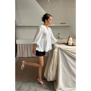 Chemise en lin pour femme avec nœud devant et détail volanté, chemise blanche - Product Image 4