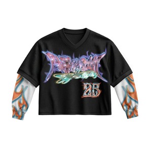 Camisa de Doble Capa para Mujer, 240 GSM, Algodón, Estilo Desgastado, Color Negro, Estampado Gráfico, Paneles con Costuras, Camisas de Doble Capa con Estampado Personalizado - Product Image 2