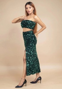 Ensemble de paillettes en velours noir et vert uni, nettoyage à sec, vêtements occidentaux - Product Image 2