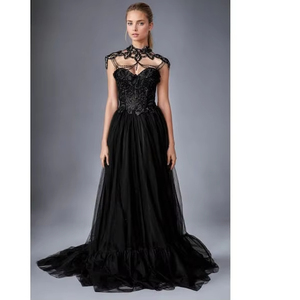 Robe Maxi A-Line de Couleur Unie avec Broderie Avant Perlage Perle Naturelle Agrémentée Style Modeste Mode Simple pour Proms - Product Image 1