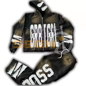 Personalizado lavado ácido pantalla impresa 100% algodón pesado de gran tamaño holgado pantalón Sudadera con capucha Zip up Sun faded Sweat suit Sets - Product Image 5