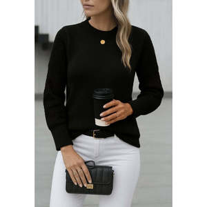 Blusa de punto de manga larga con cuello redondo para mujer, 29011 - Negro - Product Image 1