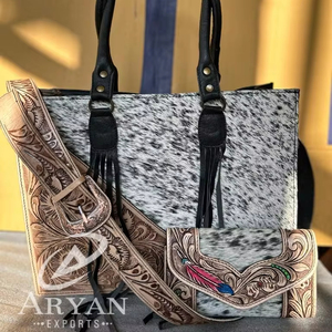 Nuevo bolso de mano de cuero de piel de vaca con estampado Floral a mano, nuevo conjunto combinado de mano de cuero de piel de vaca occidental - Product Image 1