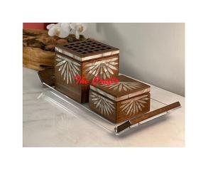 เตาเผากำยานไม้คุณภาพเยี่ยม ประดับมุก พร้อมกล่องใส่ไม้กฤษณาและถาด กลิ่นหอมสำหรับบ้าน ไม้หอมอบแห้ง (มาบคฮารา) - Product Image 1