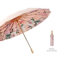 Parapluie pliant personnalisé avec logo, manche en bois, fibre de verre, 16 baleines – Ouverture manuelle, panneau en pongé, diamètre ouvert 100 cm – Cadeau d'affaires