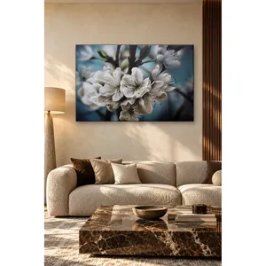 Impression sur toile Fida avec fond turquoise et fleurs de prunier blanches - Product Image 4