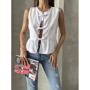 Blusa Blanca de Algodón 100% con Lazo Frontal para Mujer, Marca Topshow, para Pedidos al por Mayor, Ropa Casual de Verano - Product Image 4
