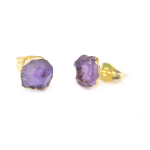 Natural Raw <b>Amethyst</b> <b>Stud</b> <b>Earrings</b> February Birthstone Gold Electroplated Wholesale for India - Product Image 2