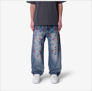 กางเกงยีนส์ขาบานสำหรับผู้ชายทรงหลวมเอวสูงล้างได้พิมพ์ลายหน้าจอโลโก้แบบออกแบบได้ตามต้องการ - Product Image 1