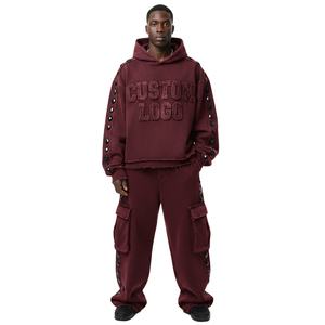 Ensemble survêtement homme personnalisé de haute qualité en coton épais 500 GSM, avec sweat à capuche à épaules tombantes double couche et pantalon cargo - Product Image 2