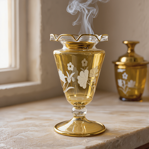 Brûleur d'encens Bakhoor en verre soufflé à la main, avec grille en laiton doré, bois de santal, Mabkhara, fabrication artisanale, luxe égyptien, parfum aromatique pour la maison - Product Image 4
