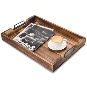 Bandeja de Almacenamiento Rústica de Madera con Asas Metálicas Resistentes, Borde Elevado Profundo, Diseño Elegante, Ideal para Café, Desayuno y Decoración del Hogar - Product Image 1