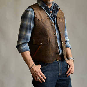 Top qualité en cuir véritable hommes gilet hommes décontracté en cuir PU gilets bouton ouvert col en v respirant véritable PU gilet - Product Image 2