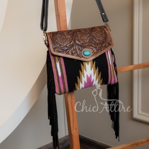 Western Hand Tooled Saddle Blanket Crossbody Fringe Bag Turquoise <b>Stone</b> Floral Genuine Leather Purse for Women's Cowhide Bags - Product Image 1