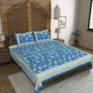 Parure de lit double en coton bleu imprimé Jaipuri 240 TC avec 2 taies d'oreiller, ensemble 3 pièces pour lits King Size, 100% coton, usage domestique - Product Image 1