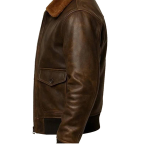 Premium Quality Men's Distressed Brown <b>Sheepskin</b> Leather Bomber Aviator Flight <b>Jacket</b> with Fur Collar And Ribbed Cuffs and Hem - Product Image 4