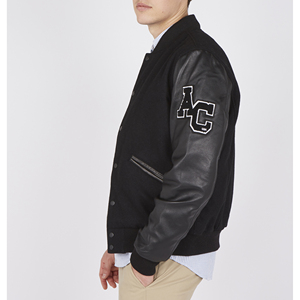 La mejor chaqueta de bombardero de béisbol de tela alta de invierno a la moda, mangas genuinas de lana negra, soporte con capucha, decoración de Letterman bordada - Product Image 3