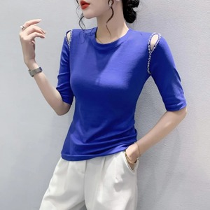 Camiseta ajustada de media manga de buena calidad para mujer, camiseta ajustada Sexy con diamantes, cuello redondo de algodón elástico de estilo femenino - Product Image 6