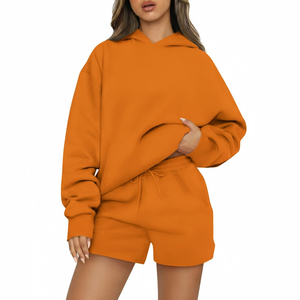 Conjunto de Dos Piezas de Sudadera con Capucha de Manga Larga de Color Sólido para Mujer, Personalizado, con Insignia, 100% Algodón, Pantalones Cortos Casuales a la Moda - Product Image 2