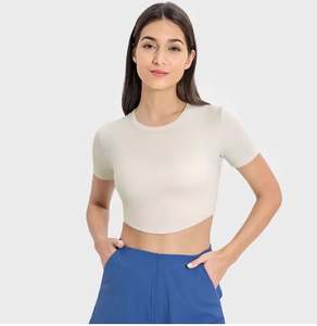 T-shirts décontractés d'été pour femmes hauts courts respirants avec col carré couleur unie à manches courtes en gros t-shirts - Product Image 1