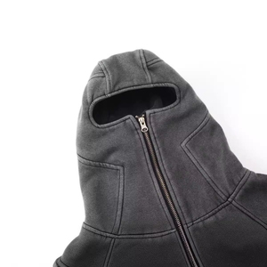Custom Men's Acid Wash Full Face Zip-Up Hoodie With Vintage <b>Eye</b> Holes Pocket Design Heavy Vintage Face <b>Masked</b> Cover Hoodie Men - Product Image 3