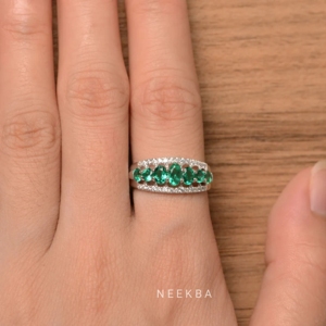 Anillo de corona de oro blanco sólido de 14K hecho a mano, anillo multipiedra de Color verde, forma ovalada, anillo de oro Esmeralda creado en laboratorio de la India - Product Image 6