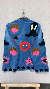 Handmade Suzani Velvet Boho Embroidered Floral Pattern <b>Stand</b> Collar Cotton Filled Winter Jacket - Product Image 2