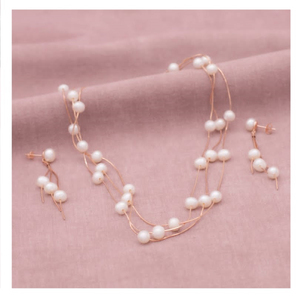 Ensemble de Collier Boucles d'Oreilles en Argent Massif 925 Moderne, Chaîne de 18 Pouces avec Perle Blanche, Pierres Précieuses, Cadeau de Noël, Collier de Demoiselle d'Honneur à 3 Couches - Product Image 6