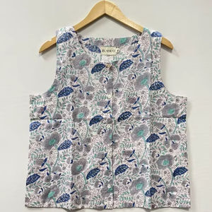 เสื้อกล้ามคอวีสั้นสไตล์โบฮีเมียนลายดอกไม้พิมพ์บล็อกด้วยมือจากผ้าฝ้ายเป็นมิตรกับสิ่งแวดล้อมสำหรับผู้หญิง  แบบลำลองติดกระดุม - Product Image 1