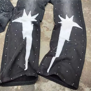 กางเกงผ้าคอตตอนขาตรงสำหรับผู้ชายพิมพ์ลายวินเทจสีดำหรูหราซักด้วยกรด - Product Image 4