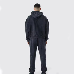 Survêtement unisexe à capuche en molleton d'hiver gris foncé surdimensionné délavé à l'acide avec design 2 en 1 et taille élastique - Product Image 3