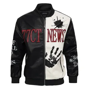 Free LOGO CARANFIER Men's Fashion Trend Stand Collar Leather Baseball Jacket Irregular Letter Palm Shaped Cotton Clothing