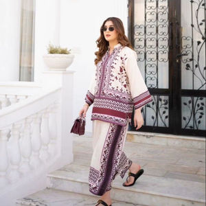 ชุด Kurta ผ้าฝ้ายสีขาวของผู้หญิงชุด2ชิ้นลำลองพิมพ์ลายดอกไม้เสื้อยาวถึงข้อเท้า" - Product Image 1