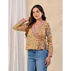 Blusa Elegante Amarilla para Mujer con Estampado Jaal, Cuello Asimétrico, Decoración Lateral con Bordado Dori, Tela Popelina, Corte Holgado, Talla XL, para Oficina - Product Image 5