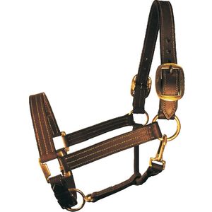 Licou en cuir marron avec 3 rangées de coutures blanches fantaisie la muserolle et la couronne réglable avec raccords en laiton massif à pression rapide. - Product Image 4