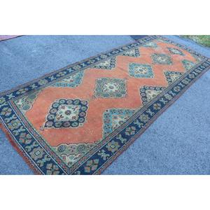 Grand tapis turc de 4,3 x 10,7 pieds, tapis en laine vintage orange et bleu patchwork - Product Image 2