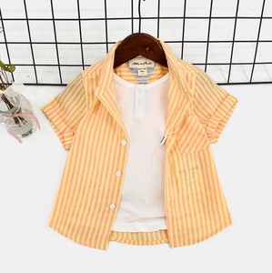 Conjunto de dos piezas de camisa de solapa de manga corta para niños a rayas transpirables de algodón informal para niños - Product Image 4