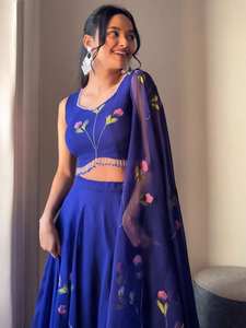 Blue Printed Georgette <b>Lehenga</b> Choli With Floral Printed Work And <b>Simple</b> Georgette Dupatta For Women , Printed <b>Lehenga</b> Choli - Product Image 4