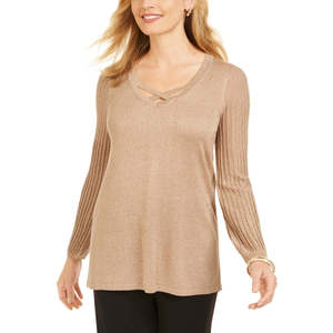 Chemisier décontracté pour femme JM Collection, taille XL/XS, avec col en maille lurex et col volanté, haut tricoté pour le bureau, couleur or - Product Image 1