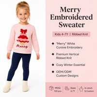 Pull en tricot côtelé personnalisé OEM & ODM avec logo sur mesure pour filles, col rond, manches longues, motif appliqué, idéal pour Noël et l'hiver