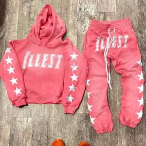 Survêtement décontracté grande taille au design tendance, personnalisé, délavé, uni, avec broderie effet vieilli, en molleton bouclé, épaules tombantes, polyester/coton - Product Image 5