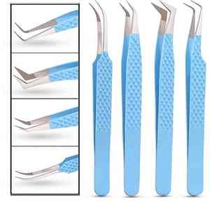 Juego de pinzas para extensión de pestañas de color azul de acero inoxidable, pinzas más vendidas con bolsa personalizada injertada a pedido - Product Image 2