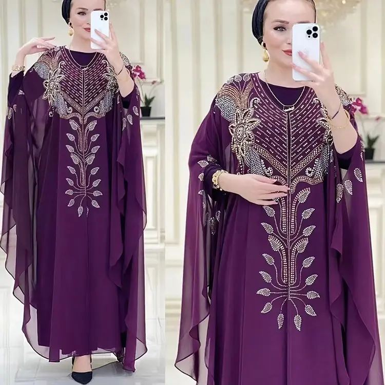 이슬람 이슬람 의류 더블 레이어 쉬폰 패치 워크 Abaya 가운 드레스 긴 소매 여성 드레스