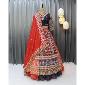 Designer Hiver Collection Mousseline Lehenga Choli Miroir Travail Impression Numérique Nuptiale Festive Wear Organza Dentelle Dupatta pour Fête - Product Image 1