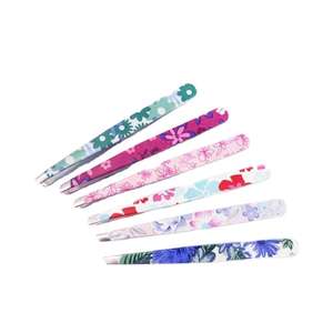 Pince à épiler personnalisée en acier inoxydable à pointe inclinée pour façonner les sourcils Ensemble de pinces à épiler à sourcils enduites de papier à imprimé floral - Product Image 5