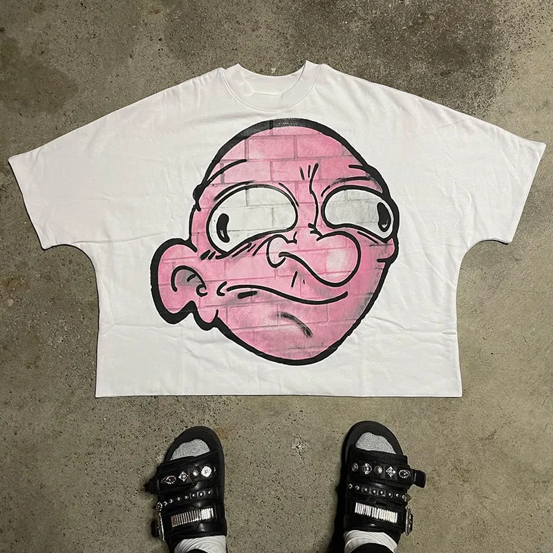 T-shirt lourd imprimé en sérigraphie graphique de dessin animé personnalisé T-shirt surdimensionné à col rond Street Hip Hop pour hommes