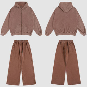 Ensemble de survêtement décontracté à coupe ample avec fermeture éclair et effet délavé, pantalon de jogging ample et évasé, sweat-shirt à capuche uni - Product Image 3