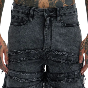 <b>Mens</b> <b>Black</b> Washed Denim <b>Shorts</b> Heavy Distressed Frayed Layered Detail Casual Streetwear Relaxed Fit Summer Fashion 100% Cotton - Product Image 3